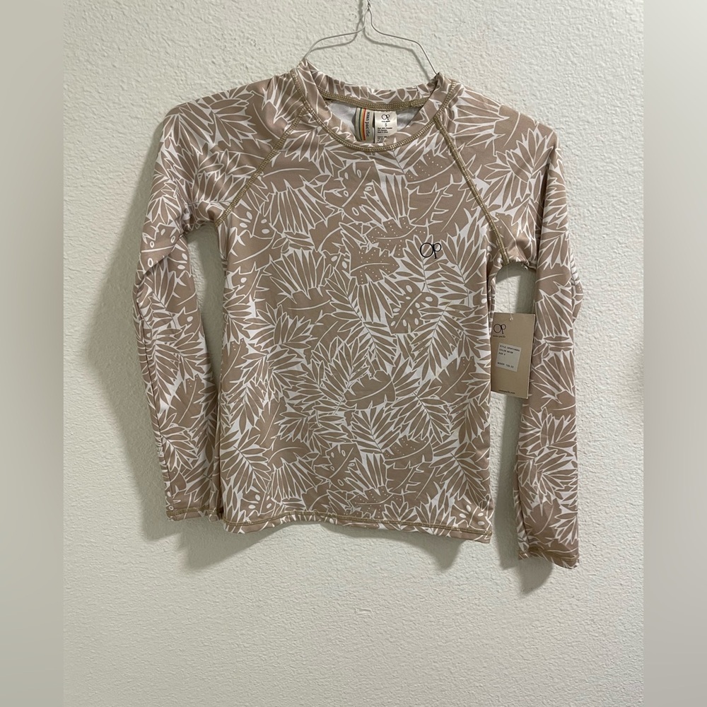 OP Beige and White Leaf rashguard sun protection Pattern Top